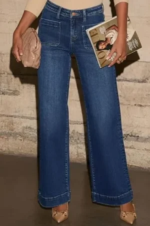 High Waisted Straight Leg Stretchy Denim Pants with Pockets