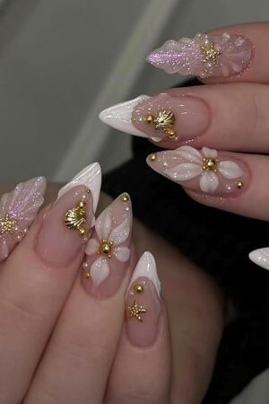 3D White Flower Press On Nails Medium Almond Spring Nails