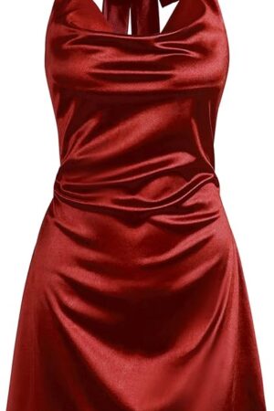 ZAFUL Women’s Halterneck Satin Cowl Neck Mini Dress