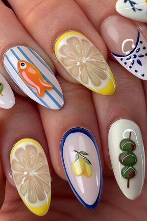 French Tip Press On Nails | Almond Summer 3D Lemon Fish Nail Set