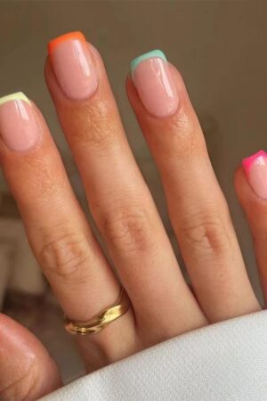 Colorful French Tip Press On Nails Short Square Rainbow Design