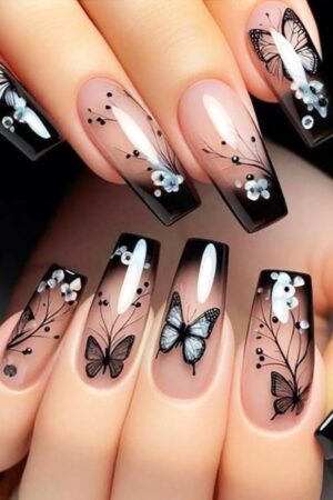 Black Butterfly Press On Nails | Glossy Ombre Coffin Flower Nail Set