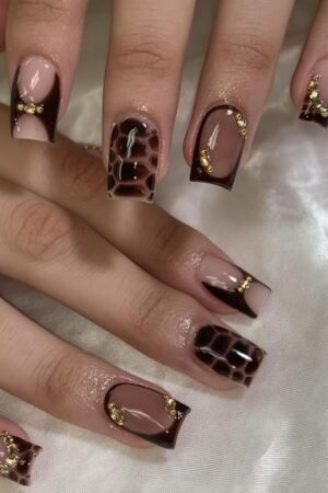 IMRAIN Brown Ombre Press On Nails Short Square Rhinestone Design