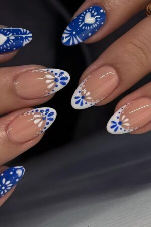 Blue White Press On Nails | Short Almond French Tip Heart Nails