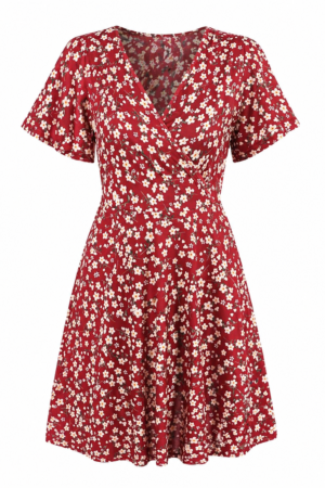 FENSACE Summer Floral Short Sleeve Wrap V Neck A-Line Midi Dress