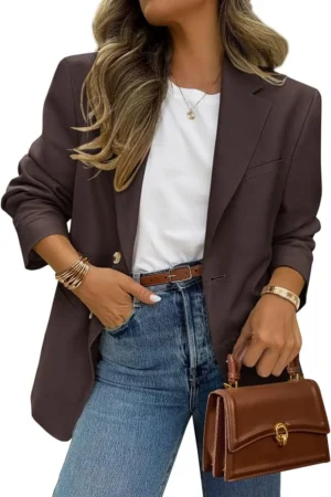 Long Sleeve Lapel Open Front Suit Jacket Work Blazer with Pockets