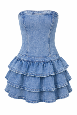 WDIRARA Women’s Strapless Ruffle Denim Mini Dress