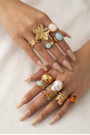 Chunky Gold Rings Set for Women | Pearl Stone Adjustable Stackable Rings