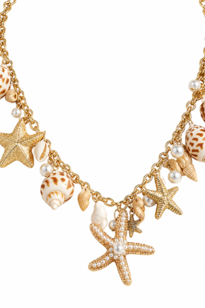Gold Shell Starfish Layered Necklace Coastal Beach Jewelry