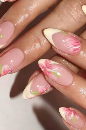 Spring Flower Press On Nails | Yellow French Tip Almond Floral Nails