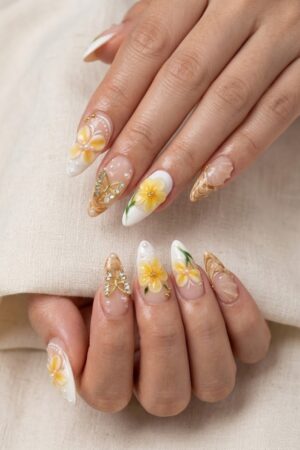 Spring Press On Nails | Medium Almond French Tip Yellow Flower Nails