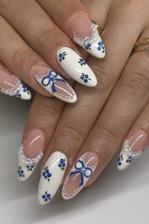 Blue White Almond Press On Nails Lace Pearl French Design