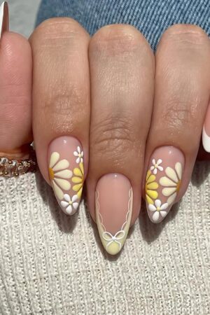 Yellow Flower Press On Nails | Medium Almond White French Tip Daisy Nails