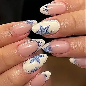 Mivota Nude Beige French Tip Press On Nails Blue Floral Design