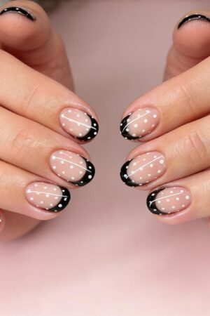 Black French Tip Press On Nails Short Oval Polka Dot Design