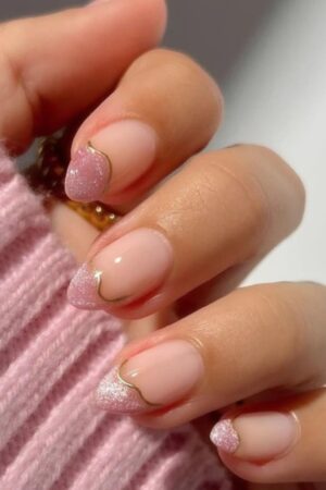 3D Floral Pink Green French Press On Nails Short Almond