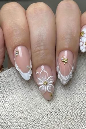 Summer Floral Starfish French Tip Press On Nails Almond