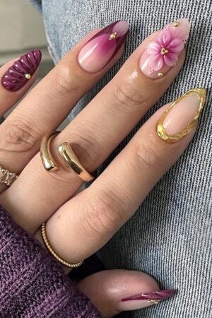 Mivota Almond Floral Press On Nails Burgundy Pink Gold Foil