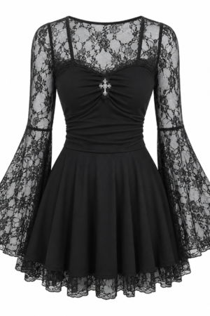 BEAUDRM Women’s Gothic Cross Lace A-Line Mini Dress