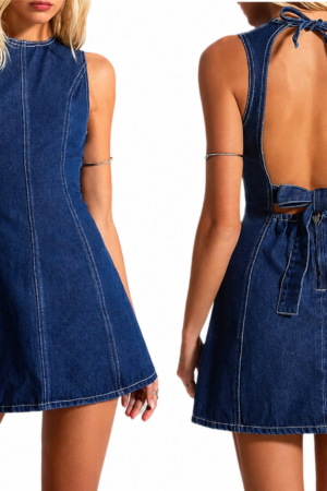 Floerns Y2K Open Back Bow Tie Denim Mini Dress