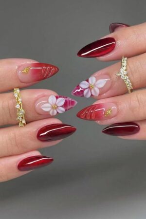 Red Ombre Floral Press On Nails Medium Almond French Tips