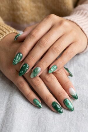 Green Ripple French Press On Nails Medium Almond Y2K