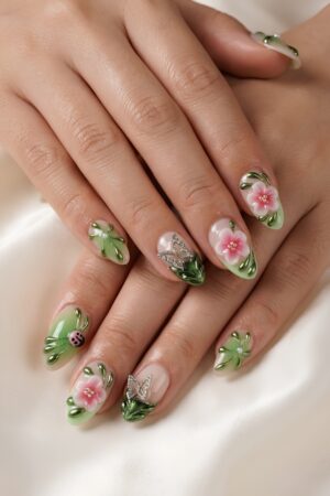 Green Floral Butterfly Press On Nails Short Almond Spring Design