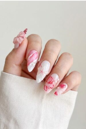 Pink White Floral Press On Nails Almond French Tip Design