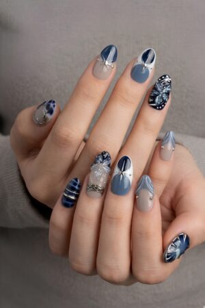 Dark Blue French Tip Press On Nails Blue Flower Star Design