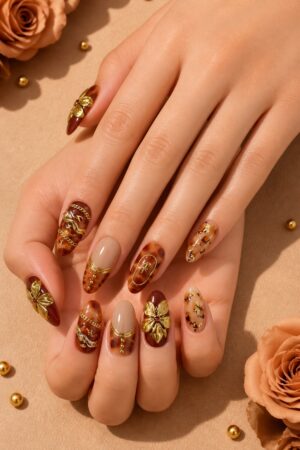 3D Gold French Tip Press On Nails Medium Almond Rhinestone Design