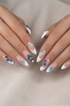 White French Tip Press On Nails Almond Blue Floral Design